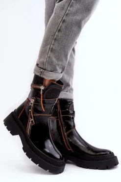 New Maciejka Damskie Lakierowane Skórzane Botki Z Suwakami 06238-18 Czarne