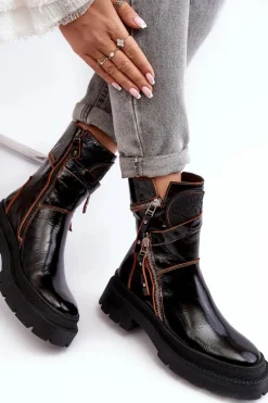 New Maciejka Damskie Lakierowane Skórzane Botki Z Suwakami 06238-18 Czarne