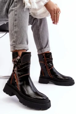 New Maciejka Damskie Lakierowane Skórzane Botki Z Suwakami 06238-18 Czarne