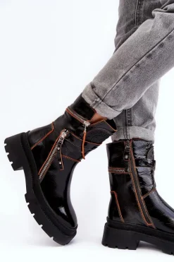 New Maciejka Damskie Lakierowane Skórzane Botki Z Suwakami 06238-18 Czarne