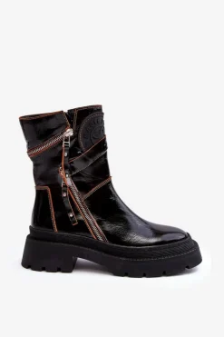 New Maciejka Damskie Lakierowane Skórzane Botki Z Suwakami 06238-18 Czarne