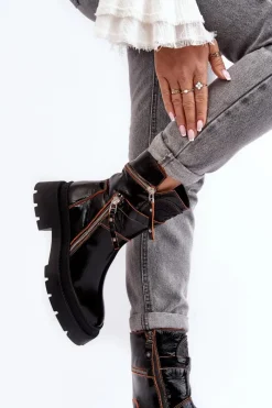 New Maciejka Damskie Lakierowane Skórzane Botki Z Suwakami 06238-18 Czarne