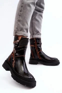 New Maciejka Damskie Lakierowane Skórzane Botki Z Suwakami 06238-18 Czarne