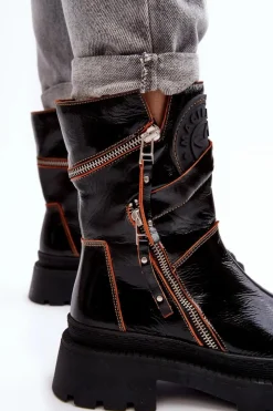 New Maciejka Damskie Lakierowane Skórzane Botki Z Suwakami 06238-18 Czarne