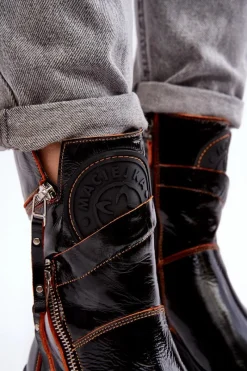 New Maciejka Damskie Lakierowane Skórzane Botki Z Suwakami 06238-18 Czarne