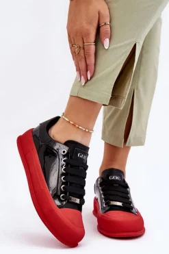 Online Damskie Lakierowane Trampki Na Platformie LL2N4021 Czarno-Czerwone Damskie Trampki Damskie Niskie|Sneakersy Damskie