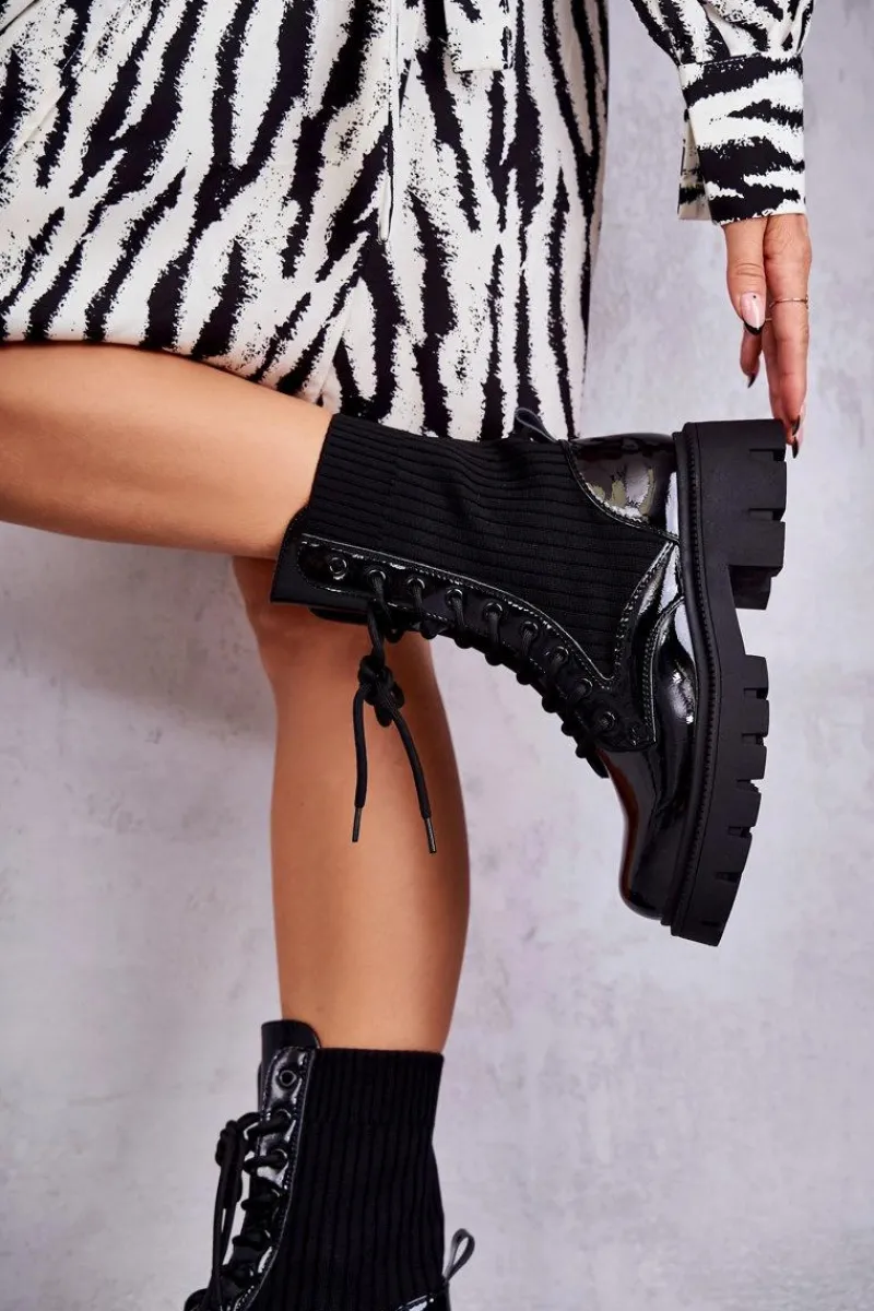 Best Boto Damskie Lakierowane Workery Botki Ze Skarpetą Czarne Abigail