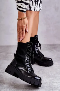 Best Boto Damskie Lakierowane Workery Botki Ze Skarpetą Czarne Abigail