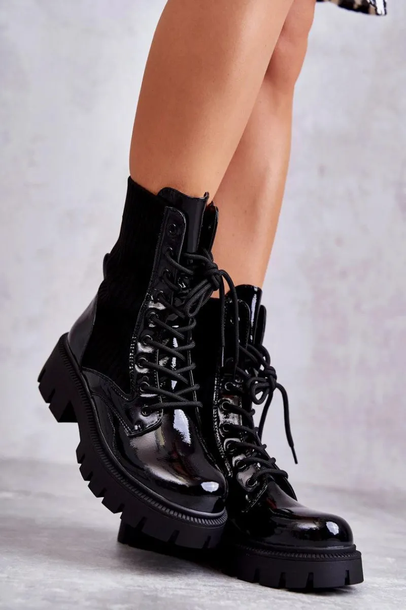 Best Boto Damskie Lakierowane Workery Botki Ze Skarpetą Czarne Abigail