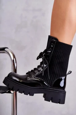 Best Boto Damskie Lakierowane Workery Botki Ze Skarpetą Czarne Abigail