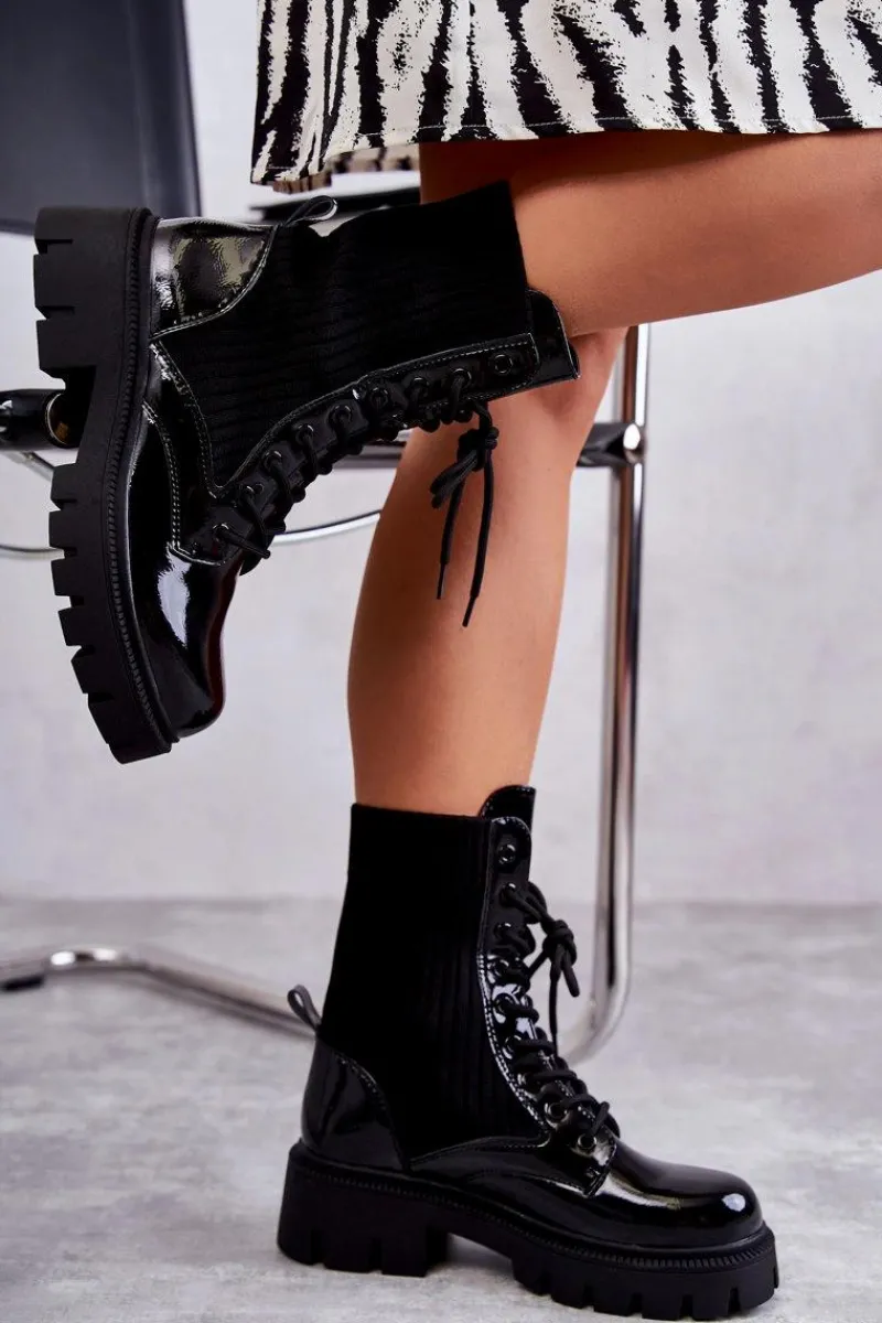 Best Boto Damskie Lakierowane Workery Botki Ze Skarpetą Czarne Abigail