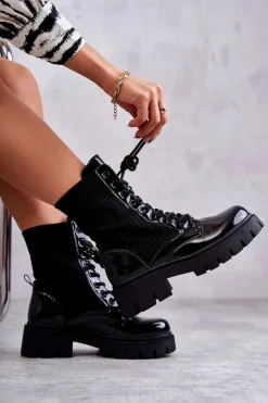 Best Boto Damskie Lakierowane Workery Botki Ze Skarpetą Czarne Abigail