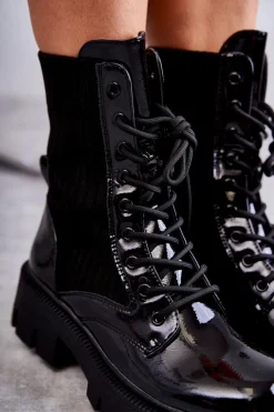 Best Boto Damskie Lakierowane Workery Botki Ze Skarpetą Czarne Abigail