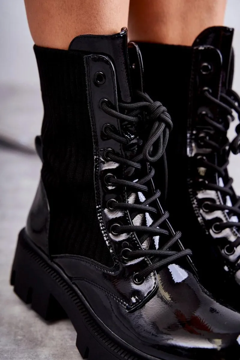 Best Boto Damskie Lakierowane Workery Botki Ze Skarpetą Czarne Abigail