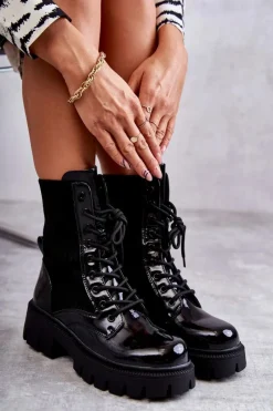 Best Boto Damskie Lakierowane Workery Botki Ze Skarpetą Czarne Abigail