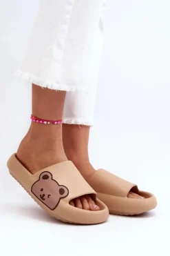 Sale Boto Damskie Lekkie Piankowe Klapki Motyw Misia Ciemnobeżowe Parisso