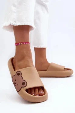 Sale Boto Damskie Lekkie Piankowe Klapki Motyw Misia Ciemnobeżowe Parisso