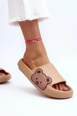 Sale Boto Damskie Lekkie Piankowe Klapki Motyw Misia Ciemnobeżowe Parisso