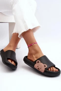 Sale Boto Damskie Lekkie Piankowe Klapki Motyw Misia Czarne Parisso