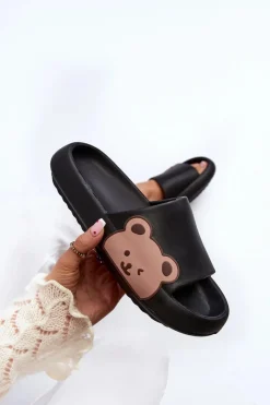 Sale Boto Damskie Lekkie Piankowe Klapki Motyw Misia Czarne Parisso