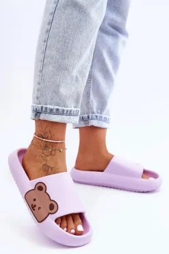 Klapki Basenowe|Klapki Damskie Klasyczne>Boto Damskie Lekkie Piankowe Klapki Motyw Misia Fioletowe Parisso