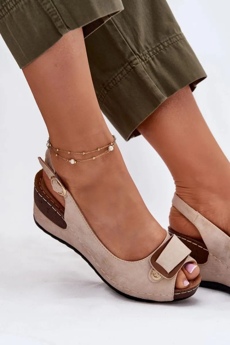 Online Evento Damskie Lekkie Sandały Na Koturnie Comfort Shoes Beżowo-Złote Efravia