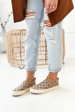 Trampki Damskie Niskie>Boto Damskie Logowane Tenisówki Slip-On Khaki Challenge