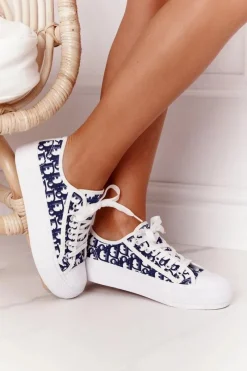 Trampki Damskie Niskie>Boto Damskie Logowane Trampki Biało-Granatowe Daphne