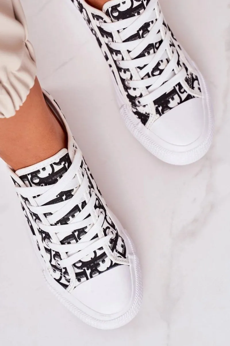 Trampki Damskie Niskie>Boto Damskie Logowane Trampki Biało-Czarne Daphne