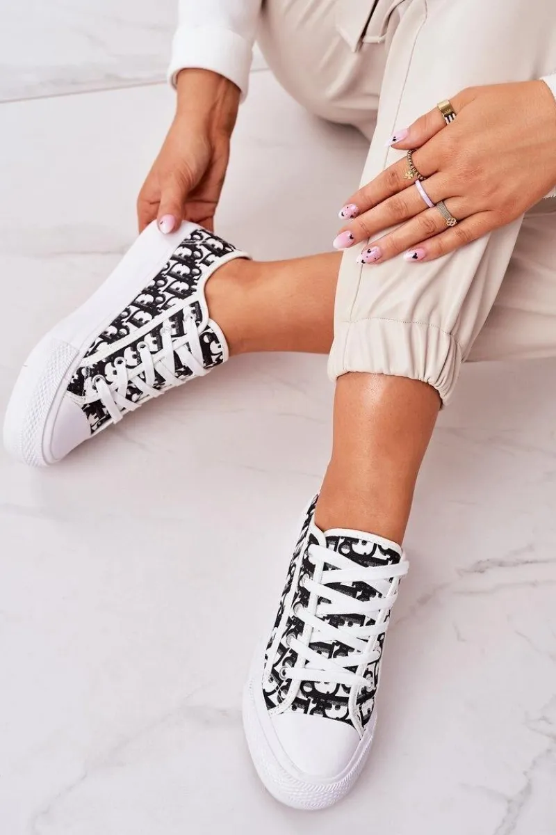 Trampki Damskie Niskie>Boto Damskie Logowane Trampki Biało-Czarne Daphne