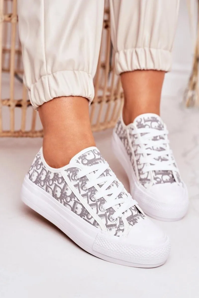 Online Damskie Logowane Trampki Biało-Szare Daphne Damskie Trampki Damskie Niskie