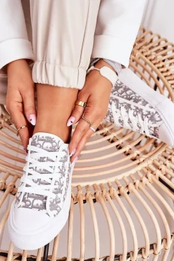 Online Damskie Logowane Trampki Biało-Szare Daphne Damskie Trampki Damskie Niskie