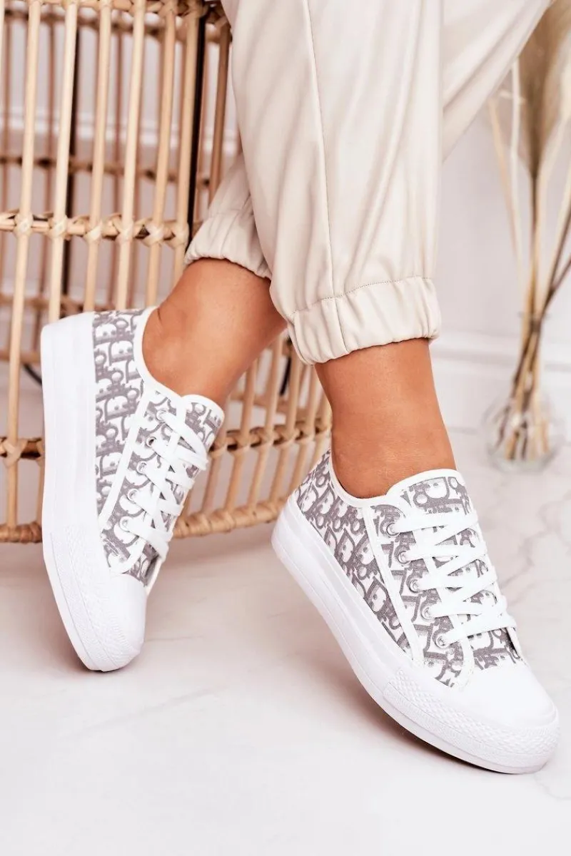 Online Damskie Logowane Trampki Biało-Szare Daphne Damskie Trampki Damskie Niskie