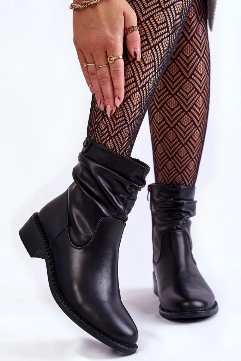 New Damskie Marszczone Botki Na Płaskim Obcasie Czarne Sersa Damskie Czarne Botki|Botki Zimowe Damskie