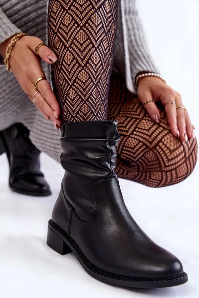 New Damskie Marszczone Botki Na Płaskim Obcasie Czarne Sersa Damskie Czarne Botki|Botki Zimowe Damskie