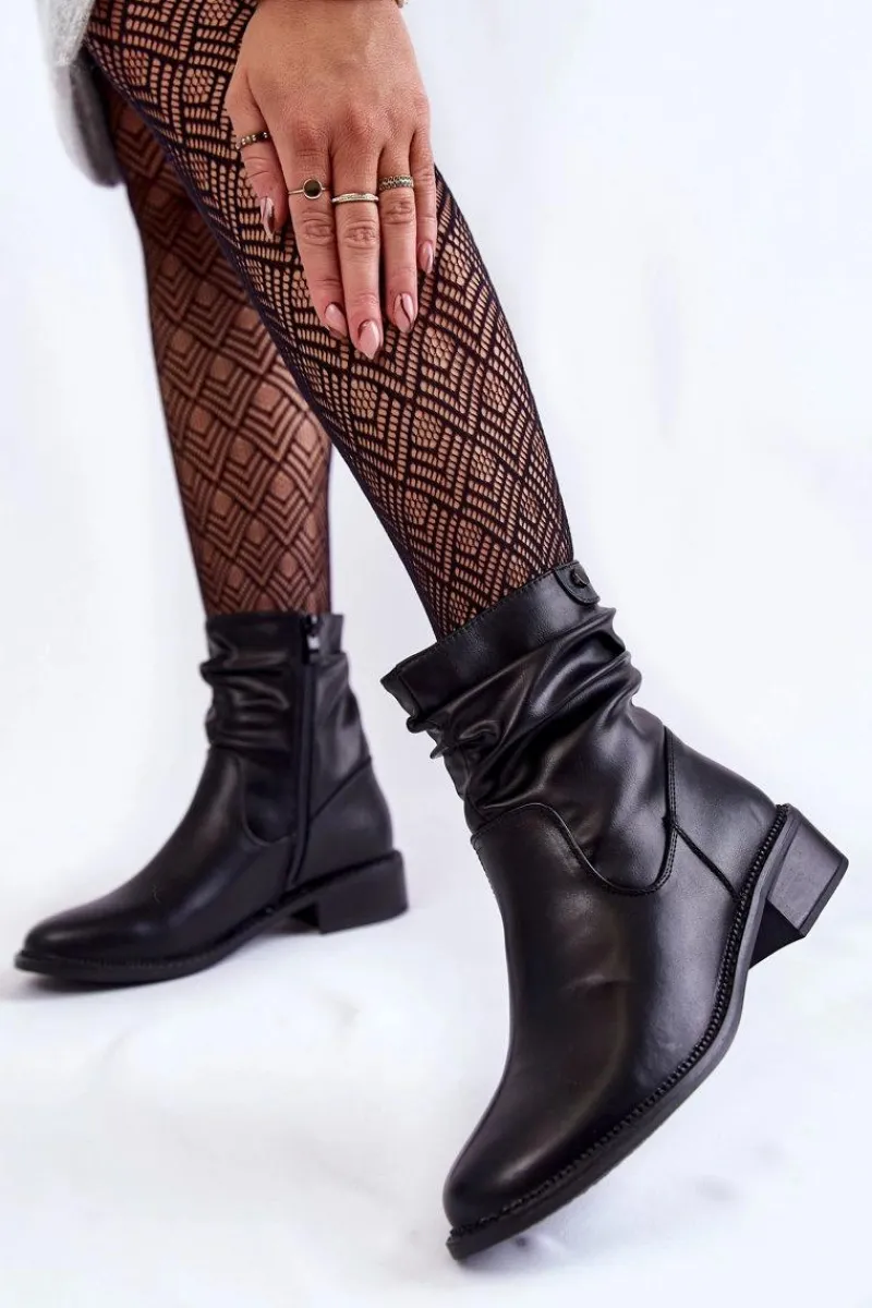 New Damskie Marszczone Botki Na Płaskim Obcasie Czarne Sersa Damskie Czarne Botki|Botki Zimowe Damskie