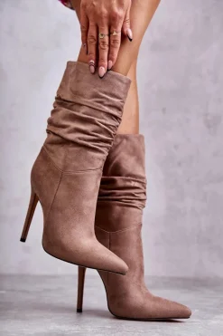 Outlet Boto Damskie Marszczone Botki Kozaki Brązowe Laguna Brązowy