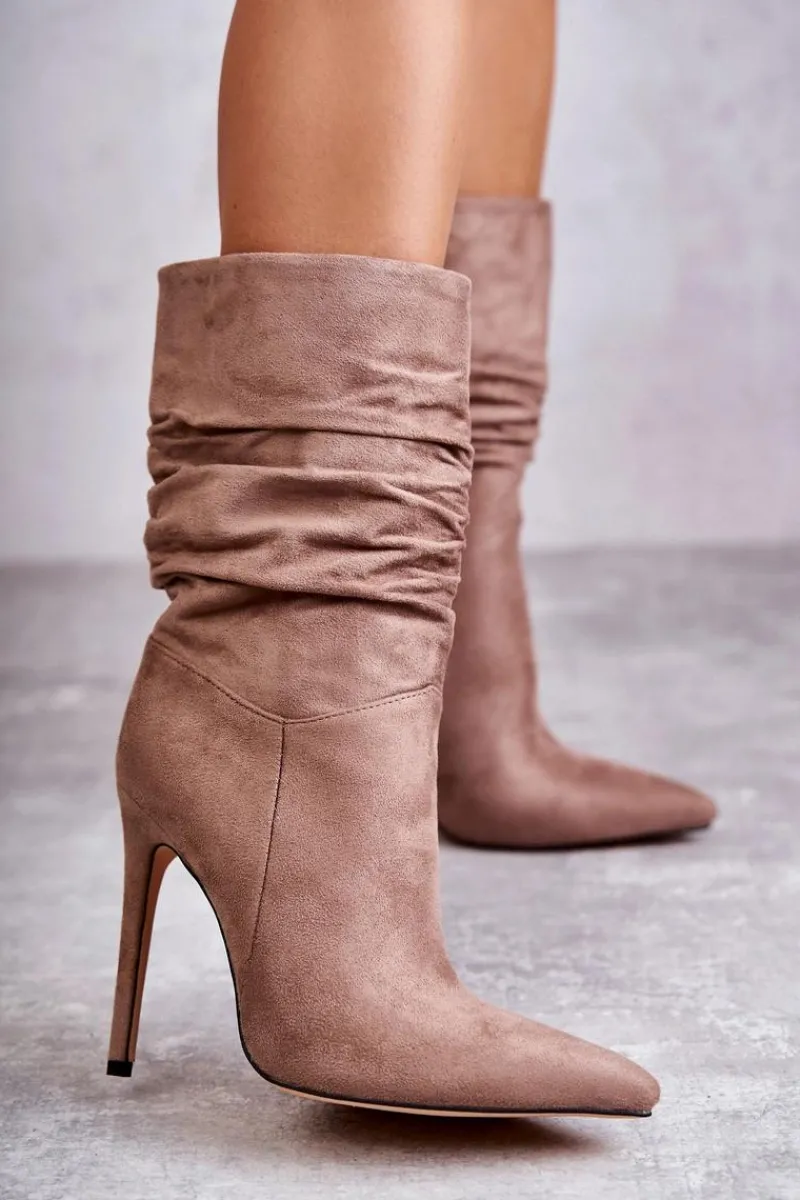 Outlet Boto Damskie Marszczone Botki Kozaki Brązowe Laguna Brązowy