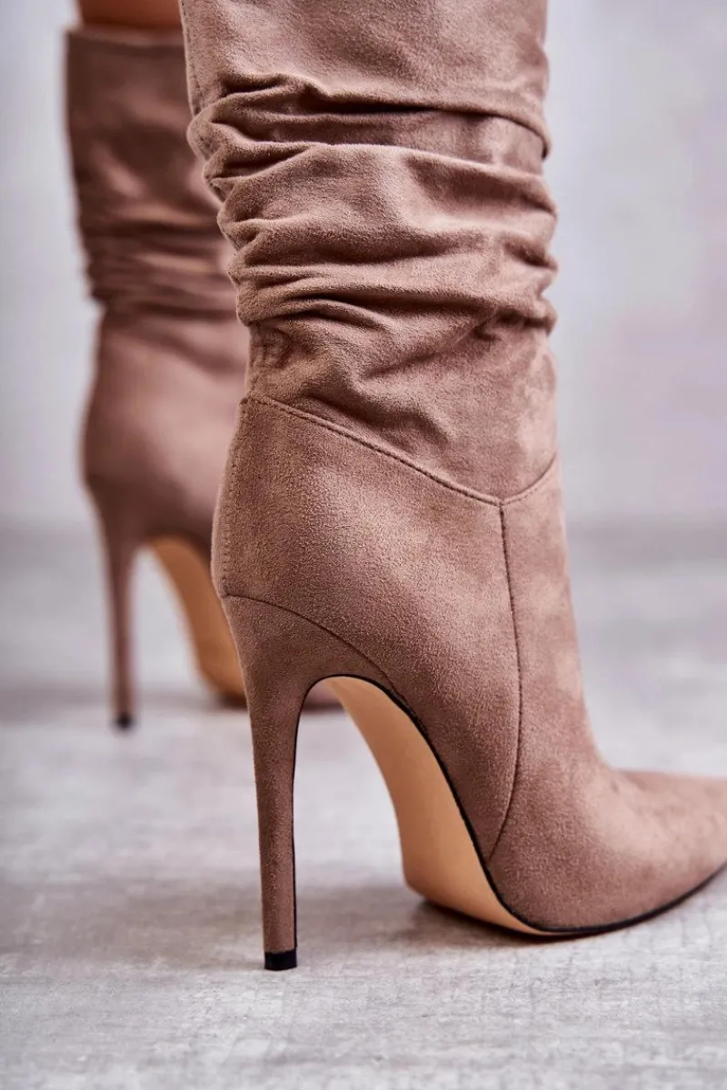 Outlet Boto Damskie Marszczone Botki Kozaki Brązowe Laguna Brązowy