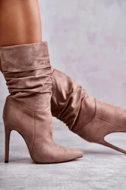 Outlet Boto Damskie Marszczone Botki Kozaki Brązowe Laguna Brązowy