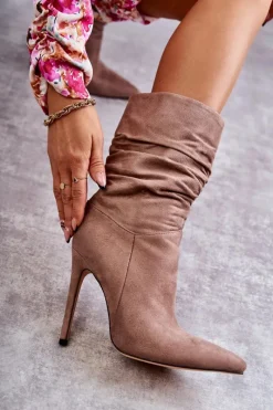 Outlet Boto Damskie Marszczone Botki Kozaki Brązowe Laguna Brązowy