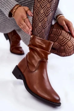 Best Buty Sergio Leone Damskie Marszczone Botki Na Płaskim Obcasie Brązowe Sersa