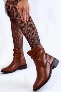 Best Buty Sergio Leone Damskie Marszczone Botki Na Płaskim Obcasie Brązowe Sersa