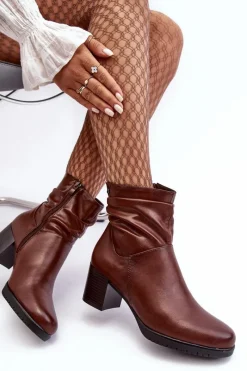 Damskie Marszczone Botki Na Słupku Brązowe Liriam Damskie Botki Zimowe Damskie|Brązowe I Beżowe Botki