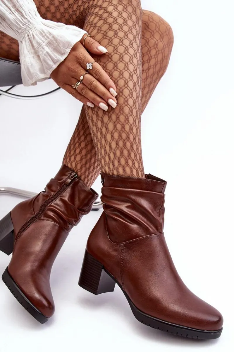 Damskie Marszczone Botki Na Słupku Brązowe Liriam Damskie Botki Zimowe Damskie|Brązowe I Beżowe Botki