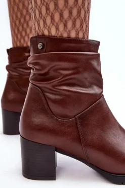 Damskie Marszczone Botki Na Słupku Brązowe Liriam Damskie Botki Zimowe Damskie|Brązowe I Beżowe Botki