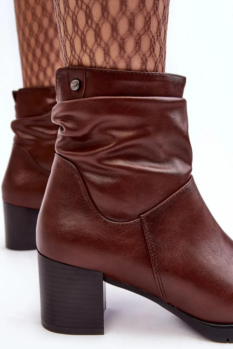 Damskie Marszczone Botki Na Słupku Brązowe Liriam Damskie Botki Zimowe Damskie|Brązowe I Beżowe Botki