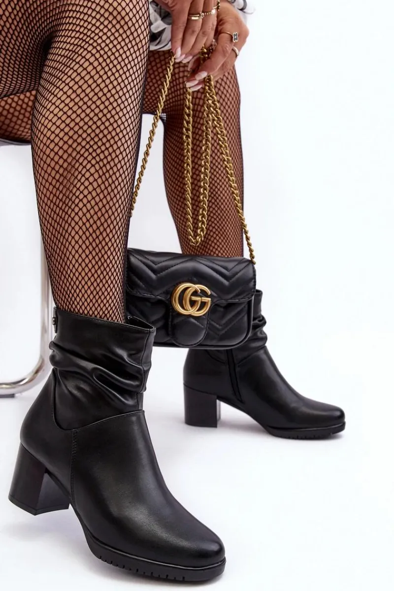 Botki Ocieplane|Botki Zimowe Damskie>Buty Sergio Leone Damskie Marszczone Botki Na Słupku Czarne Liriam Czarny