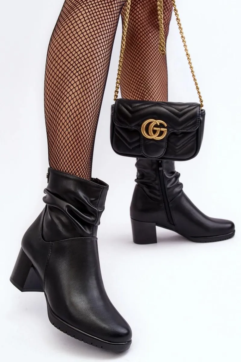 Botki Ocieplane|Botki Zimowe Damskie>Buty Sergio Leone Damskie Marszczone Botki Na Słupku Czarne Liriam Czarny