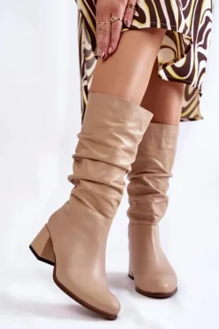Kozaki Wiosenne|Kozaki Przed Kolano>Boto Damskie Marszczone Skórzane Kozaki Beżowe Alfra